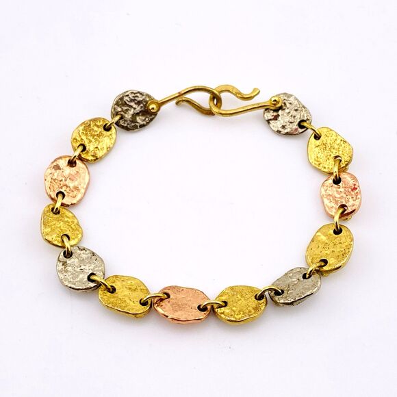 Brutalist Modernist Anne Dick Oval Hammered Mixed Metal Disc Links Bracelet VTG - Picture 2 of 5